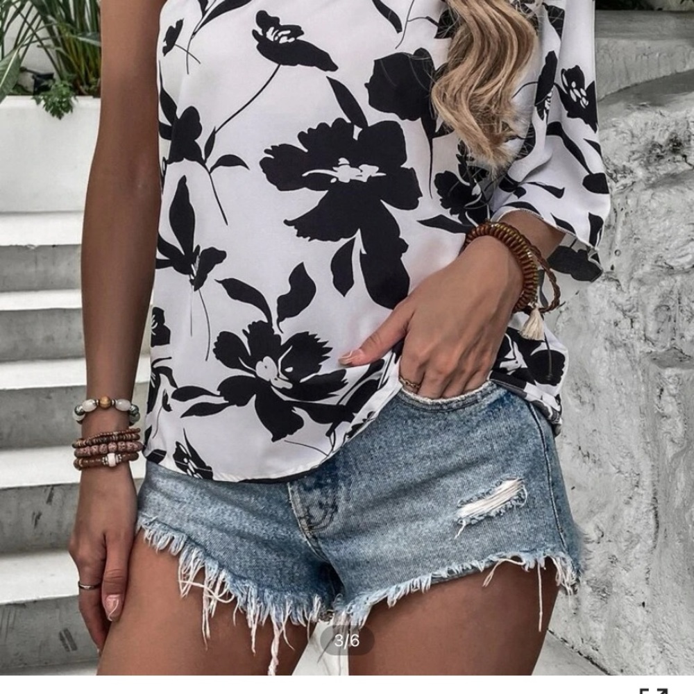 NEW BLACK WHITE FLORAL ONE SHOULDER TOP - Picture 4 of 6